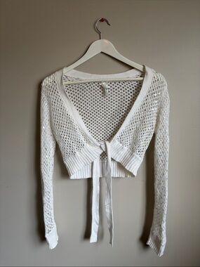 Open-Knit Tie-Front Cropped Cardigan - Cream